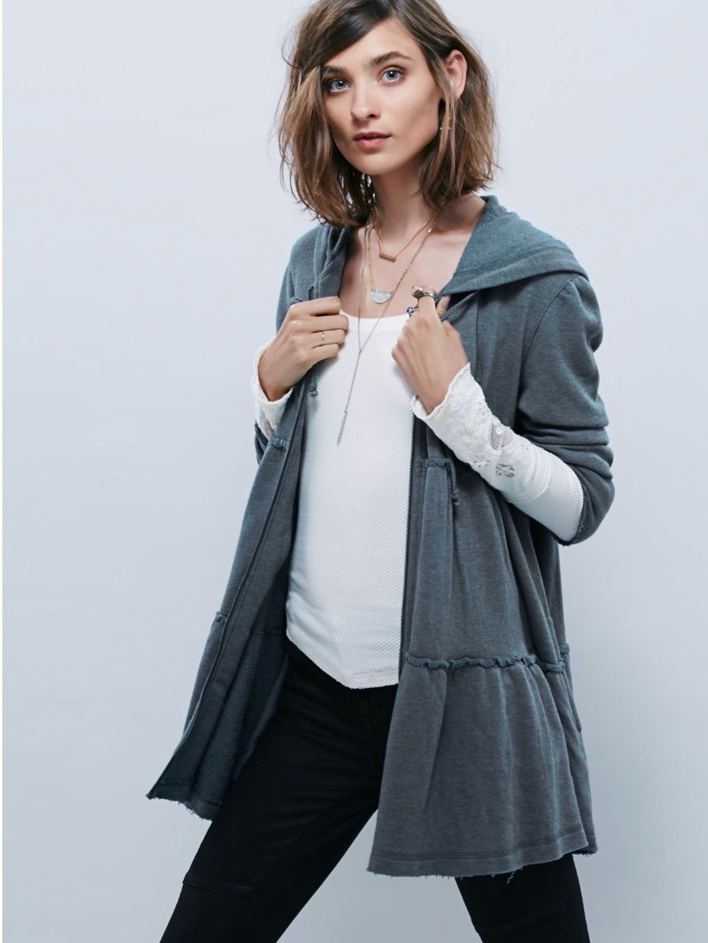 Free People Heathered Tiered Trapeze Zip Jacket with Hoodie